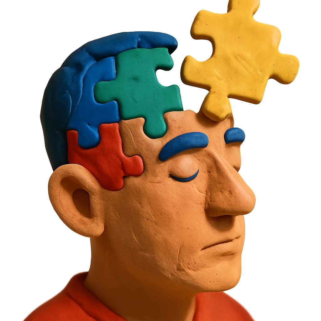A man's head as a mosaic puzzle, with pieces fitting into his head emoji