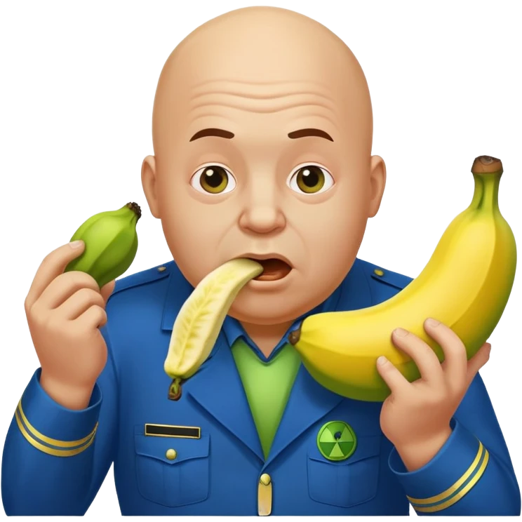 bald a bit fat man in a blue uniform eats a toxic green radioactive banana emoji