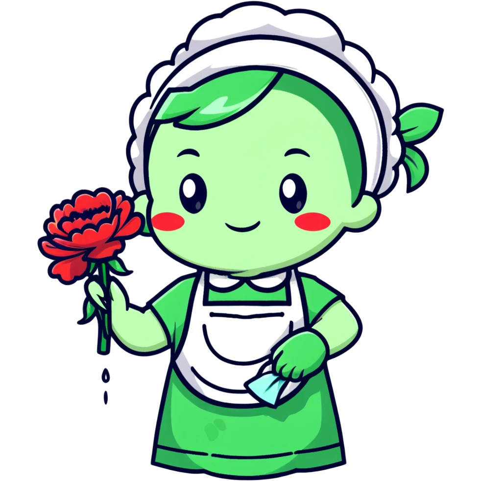 light green carnation flower with a messy apron and exhausted face, sweat dripping, holding a cleaning rag, super round chibi style emoji