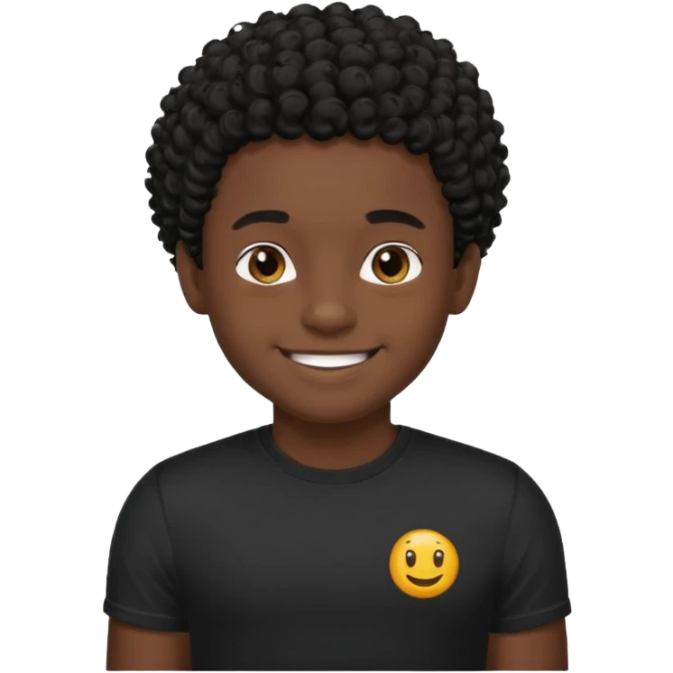 Generate a emoji of a black boy with dark skin, wearing a black compressed T-shirt, with short and very curly black hair emoji