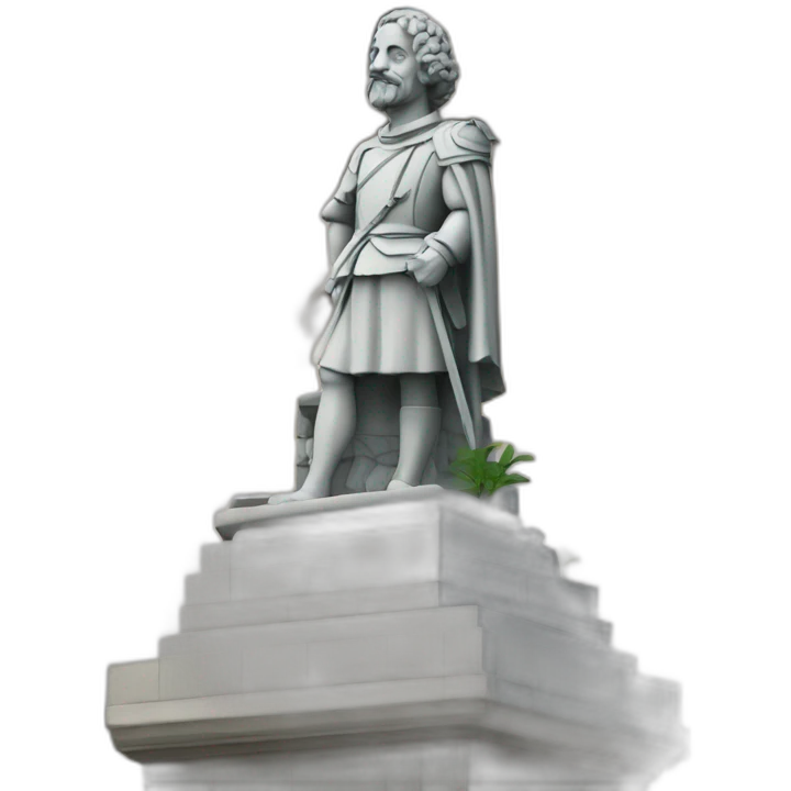 Estatua de Cervantes con torre de iglesia detrás y jardines emoji