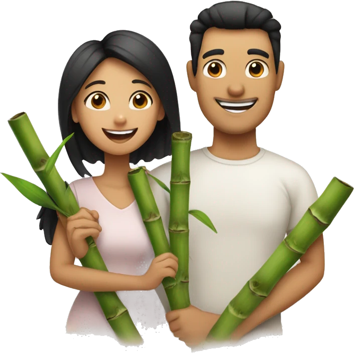 With white skin and black hair and happy face, mom, dad and daughter holding bamboo emoji