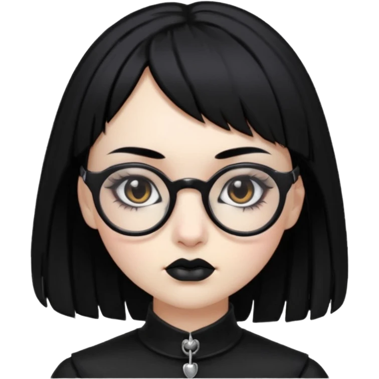 Faça uma moça de cabelo preto micro franja e pálida e com maquiagem gótica pesada olhos castanhos escuro e óculos  emoji
