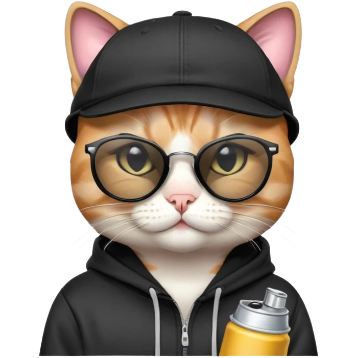 cat with one eye CLOSED in a CLEAR WINK, wearing black snapback cap and black hoodie, black sunglasses tilted low on nose, looking over the top of sunglasses at viewer with other eye open, holding spray paint can emoji