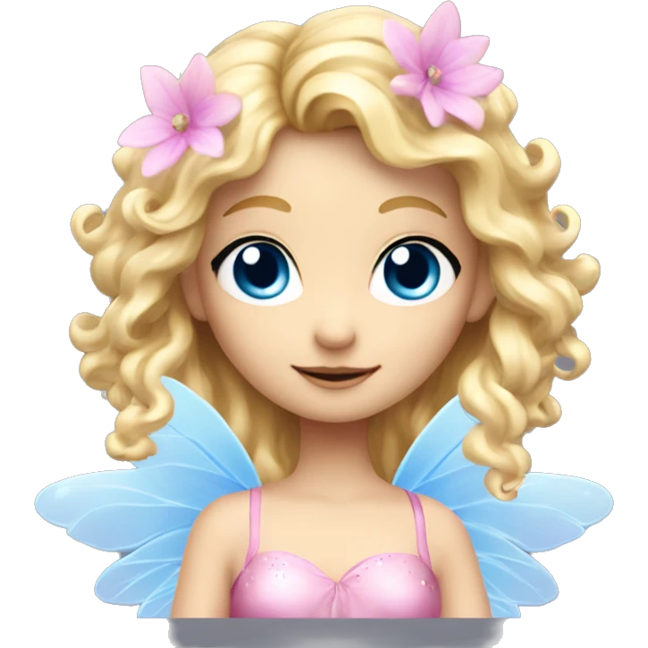 Fairy, a blonde hair with blue eyes and a pink dress with sparkly wings. Flowers. White wings. The fairy has long, curly hair with a lot of volume emoji