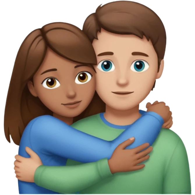 White. Guy with brown hair and brown eyes hugging girl with brown hair with highlights and blue green eyes  emoji