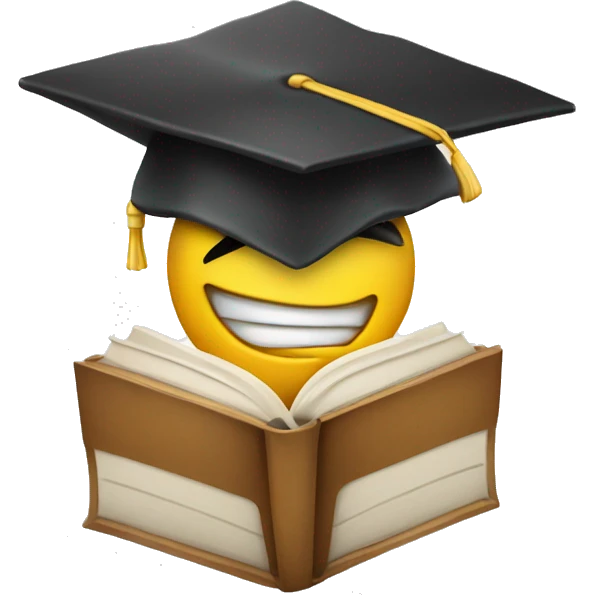 A smirking face holding a book. The emoji is wearing a graduation cap slightly tilted to one side emoji