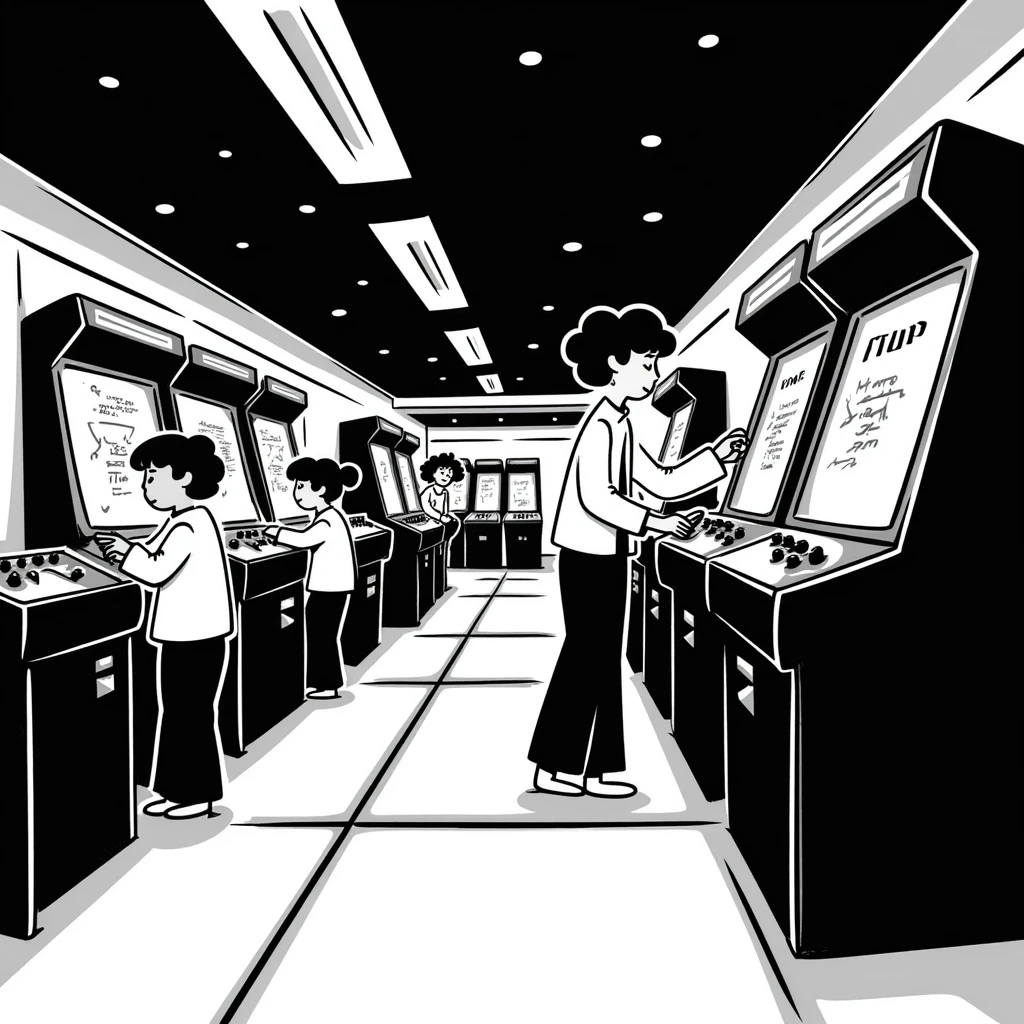 An 80s arcade with glowing machines and neon flooring emoji
