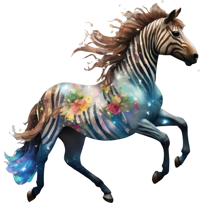 Ethereal zebra newspaper cutting flowers graffiti magazine collage glittering iridescent rich chestnut brown blue mane horse galloping through constellations and nebulas, unicorn Pegasus emoji