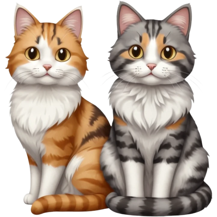a realistic looking very fluffy grey and white cat sitting next to another cat emoji