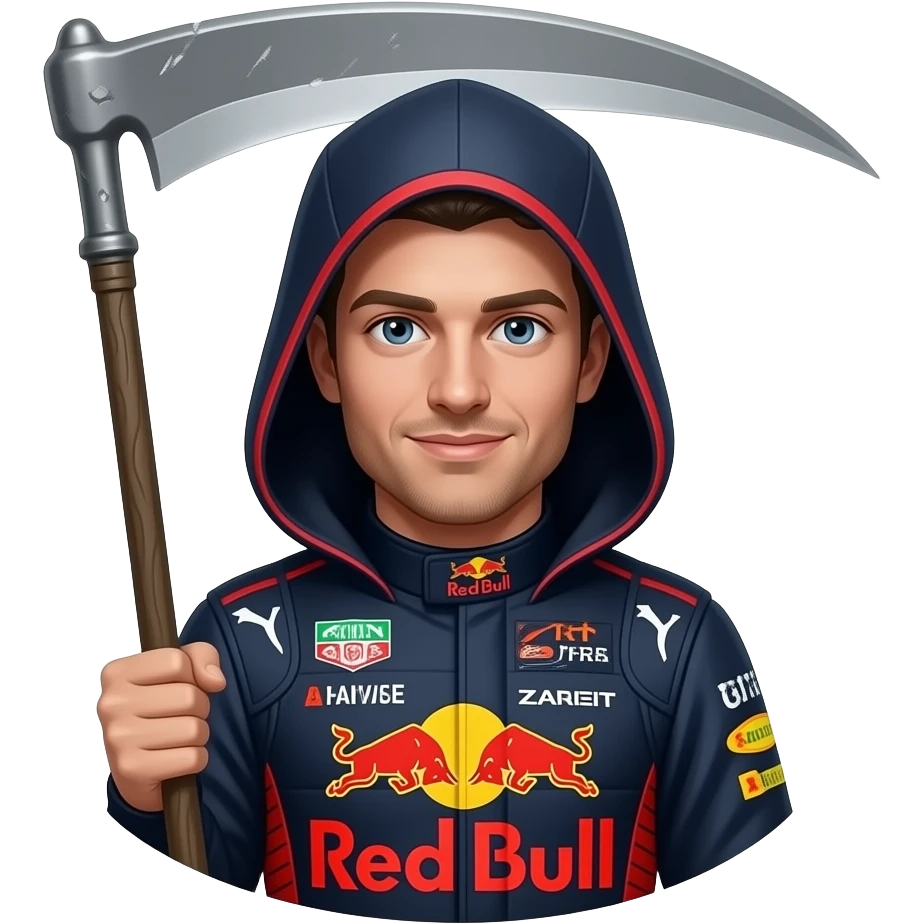 Max verstappen as grim reaper wearing a red bull race suit with grim reaper weapon emoji