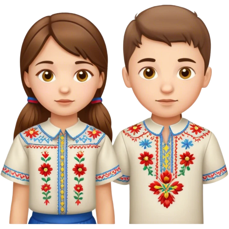 A Ukrainian girl with brown hair in an embroidered shirt and a Ukrainian boy in an embroidered shirt emoji