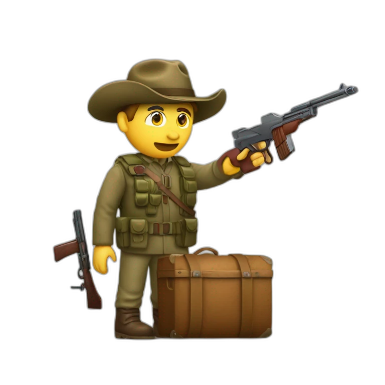 Un chasseur avec un fusil à la main et une bouteille de vin rouge dans l’autre main  emoji