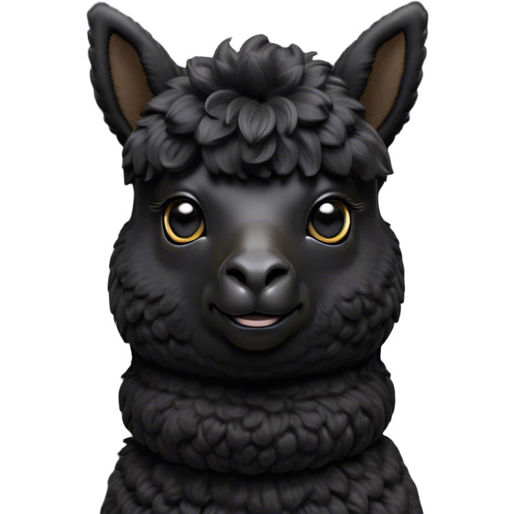 Cinematic Noble Black Alpaca Portrait Emoji, Poised and regal, with a striking, sturdy build and a sleek, well-groomed jet-black fleece, deep-set soulful dark eyes, Simplified yet sharp and sophisticated features, highly detailed, glowing with a soft, dignified glow, high shine, intelligent and mysterious, stylized with an air of elegant austerity, focused and attentive, soft glowing outline, capturing the essence of a watchful and confident companion, so majestic it feels as though it could stride out of the screen with effortless authority! emoji