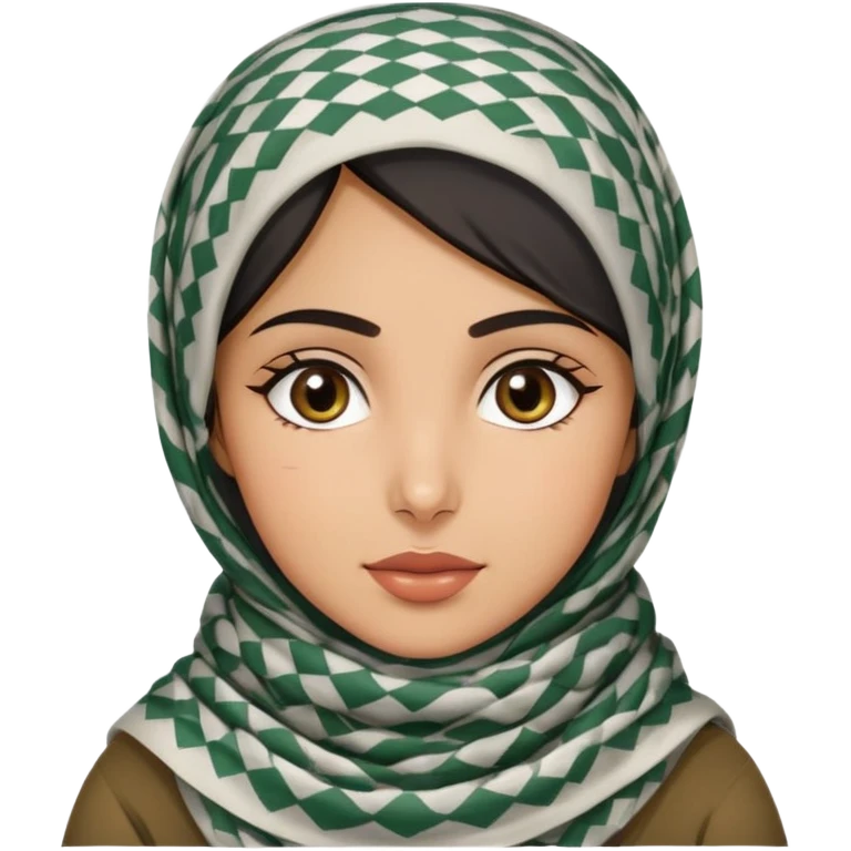 Palestinian girl with warm expression wearing traditional keffiyeh scarf, simple background emoji