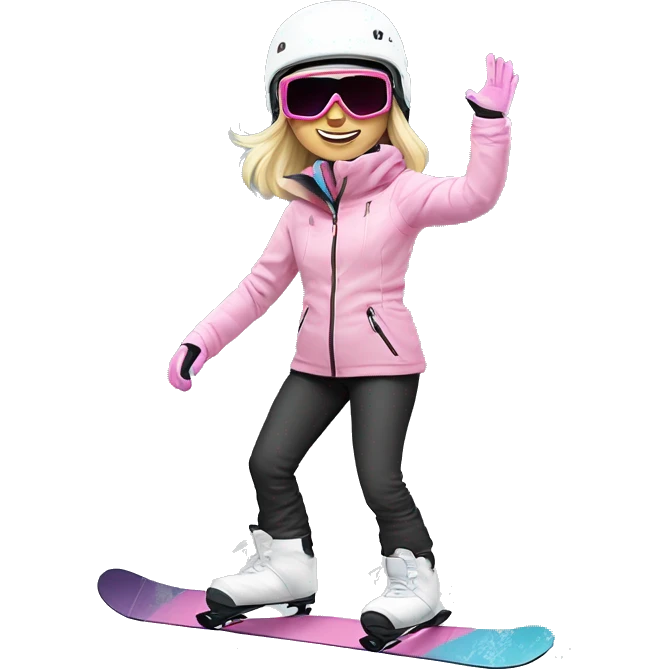 Blonde cute woman snowboarding with pastel colourd jacket, black pants and white helmet and pink googles emoji