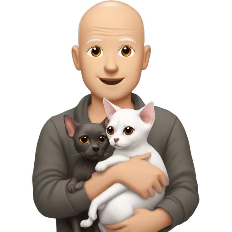 White, bald man is holding a grey, small sphinx cat and woman with dark, straight hair is holding orange, fluffy Pomeranian dog emoji