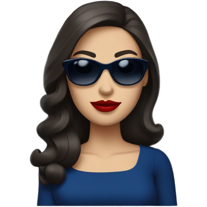 brunette in dark blue sunglasses, red lips and a dark blue dress emoji