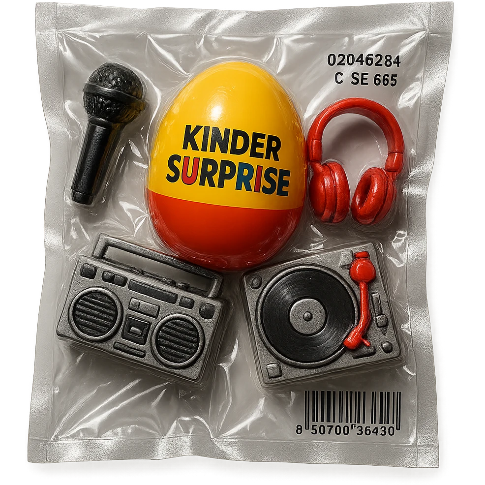 Kinder Surprise egg opened, showing toys including microphone, boombox, headphones, DJ turntable, shiny and inflated vacuum-sealed style emoji
