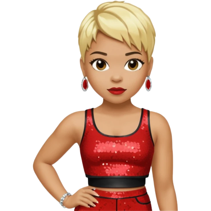 T Boz from TLC with short blonde hair, red sequin crop top and pants emoji