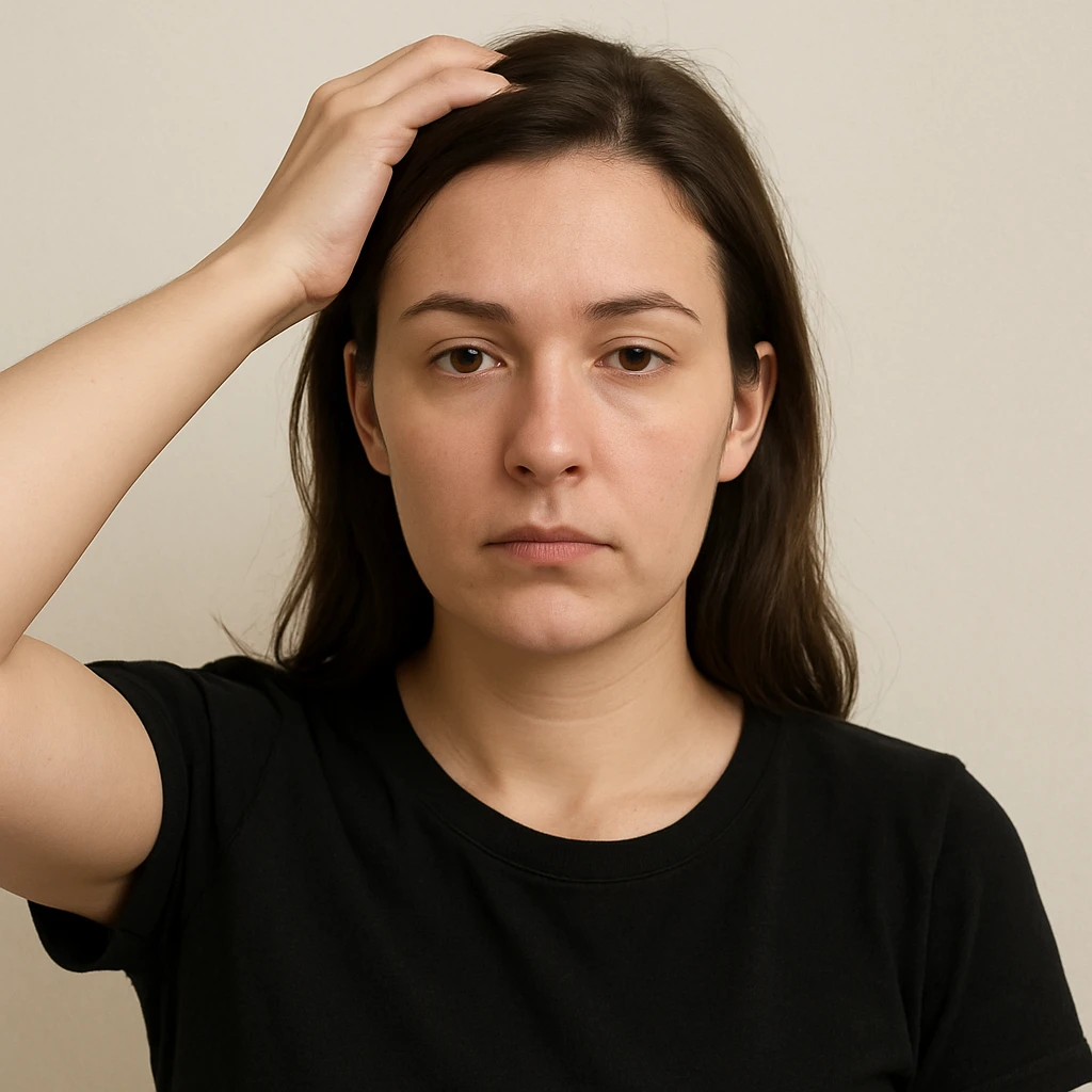 woman with hand on head, neutral expression, upper body, simple background emoji