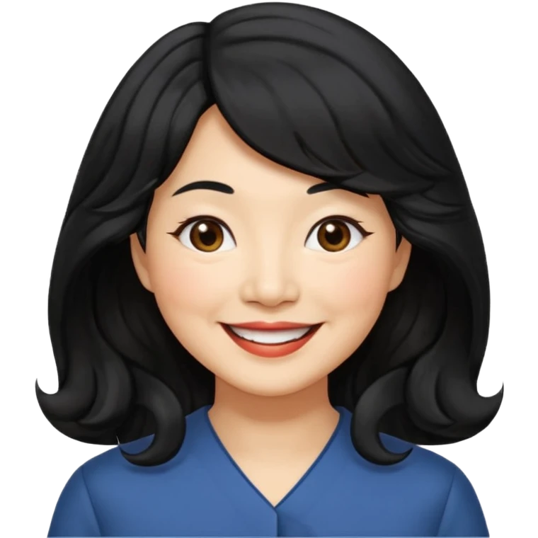 60 yr old asian woman, wavy thick black hair, side part, side swept bang, big smile emoji