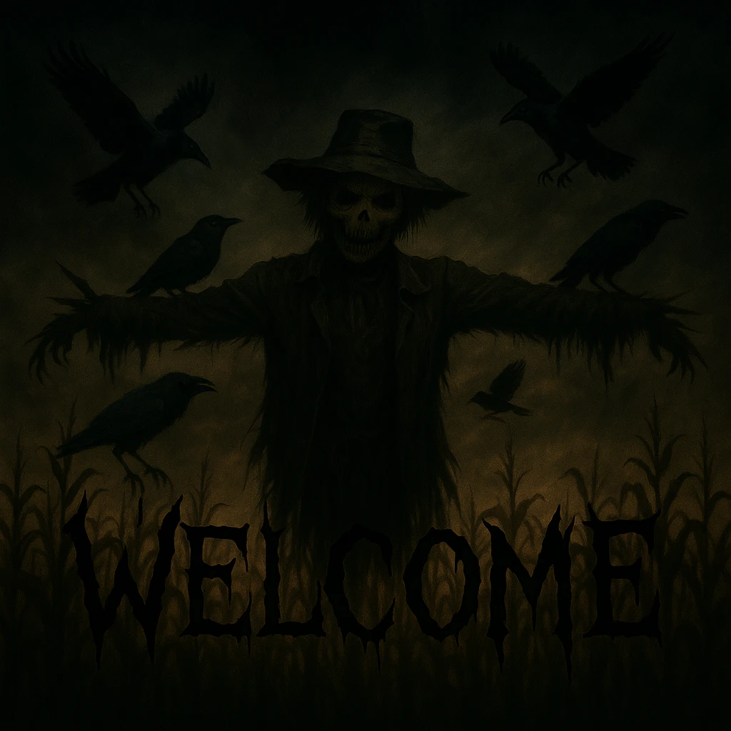 Add the word 'Welcome' in creepy, horror-themed text, integrated into the scarecrow cornfield banner. The text should have a creepy, unsettling style that fits the eerie cornfield and scarecrow theme. emoji