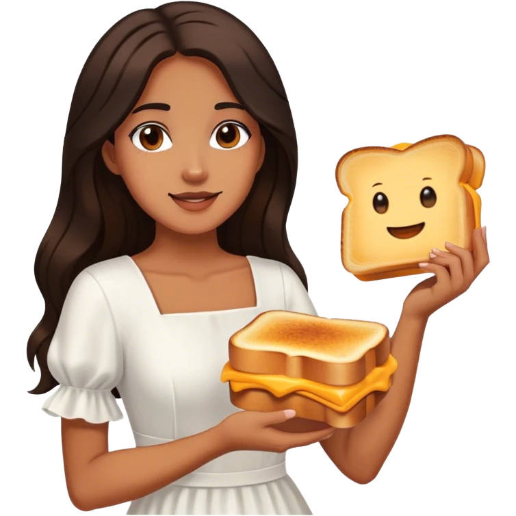 Beautiful woman in 1950’s woman fashion look, white dress, long dark brown hair, grilled cheese sandwiche emoji