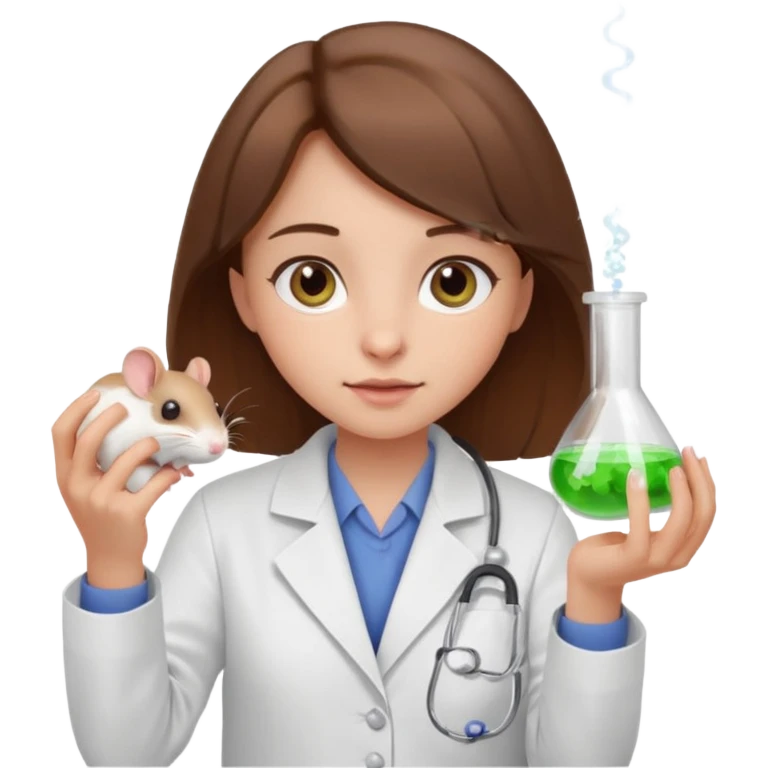 a cute brown haired girl with hazel eyes holding a white mice in hand doing experiment in lab emoji