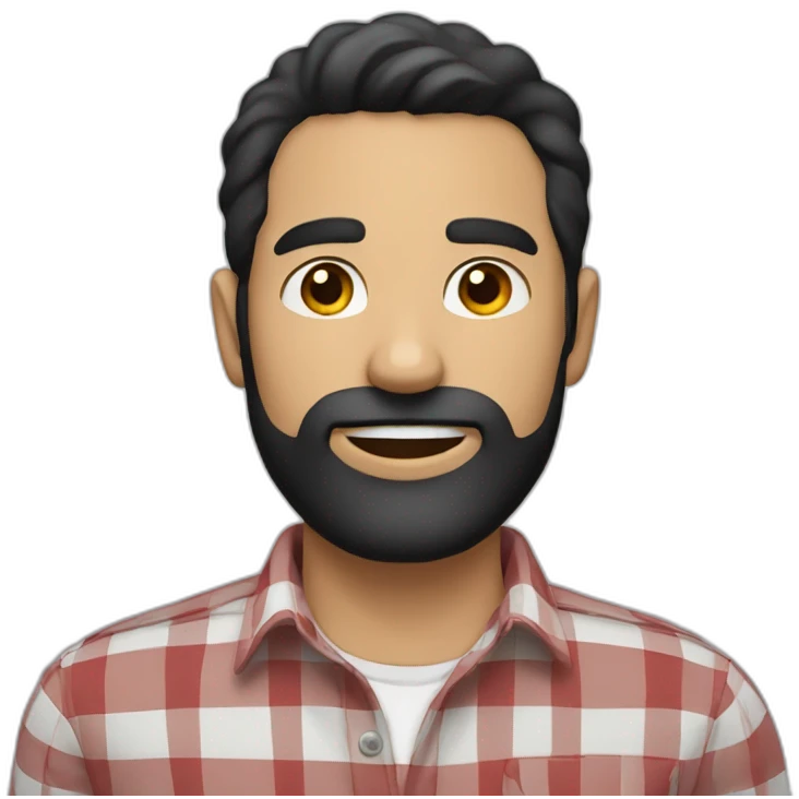 white man around 35. short black hair. with beard. wear a scarlet check shirt. emoji