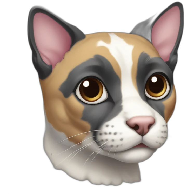 older diluted calico, white chin, black and pink nose, mostly dark grey with whiteish beige forehead, dark grey ears emoji