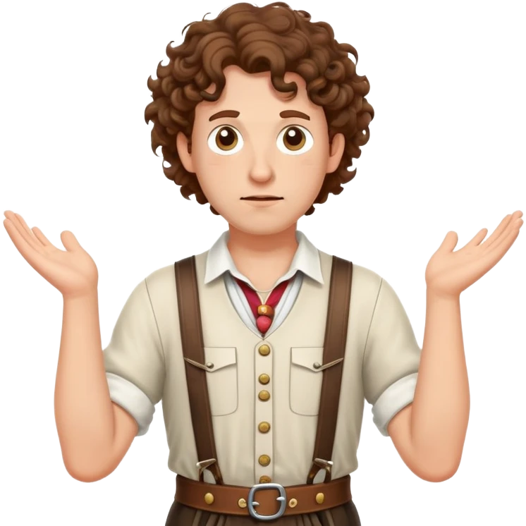 German person with brown curly hair in typical Bavarian clothing (lederhosen) shrugging and looking lost emoji