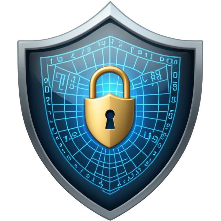 An icon featuring a shield with a padlock, a digital network grid, and binary code, symbolizing cybersecurity. The design includes a hacker’s silhouette, a firewall, and encrypted data flow, representing protection against cyber threats. Transparent background highlights digital security. emoji