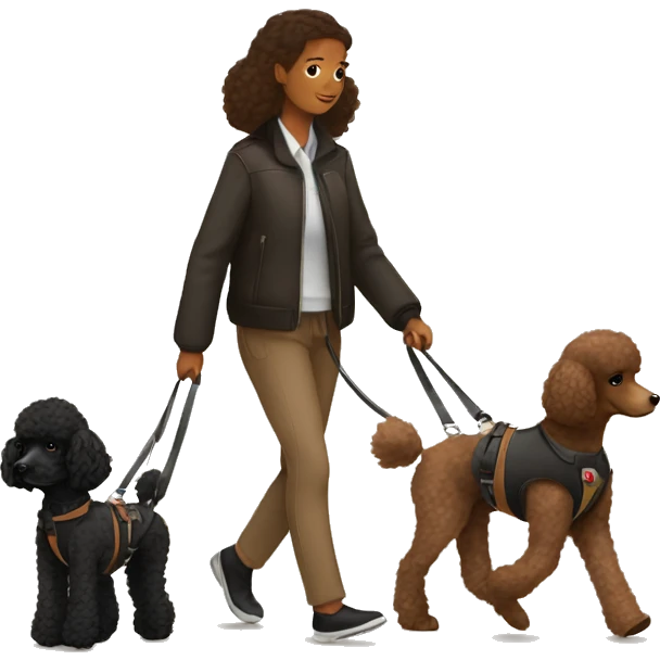 3 legs One Small unshaved Black Poodle with brown harness is walking with girl emoji