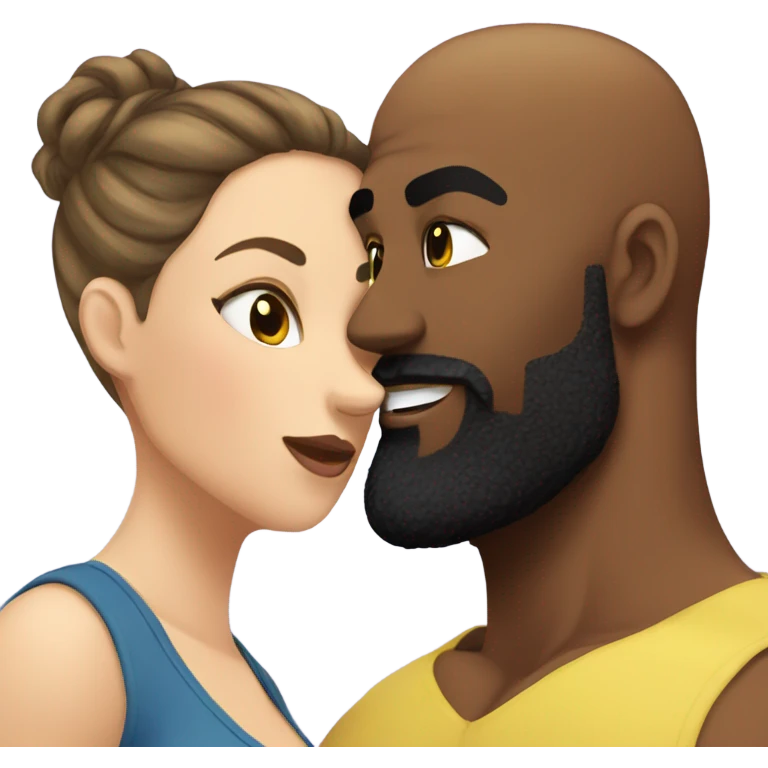 Curvy White brunette kissing muscular black bald man with beard emoji
