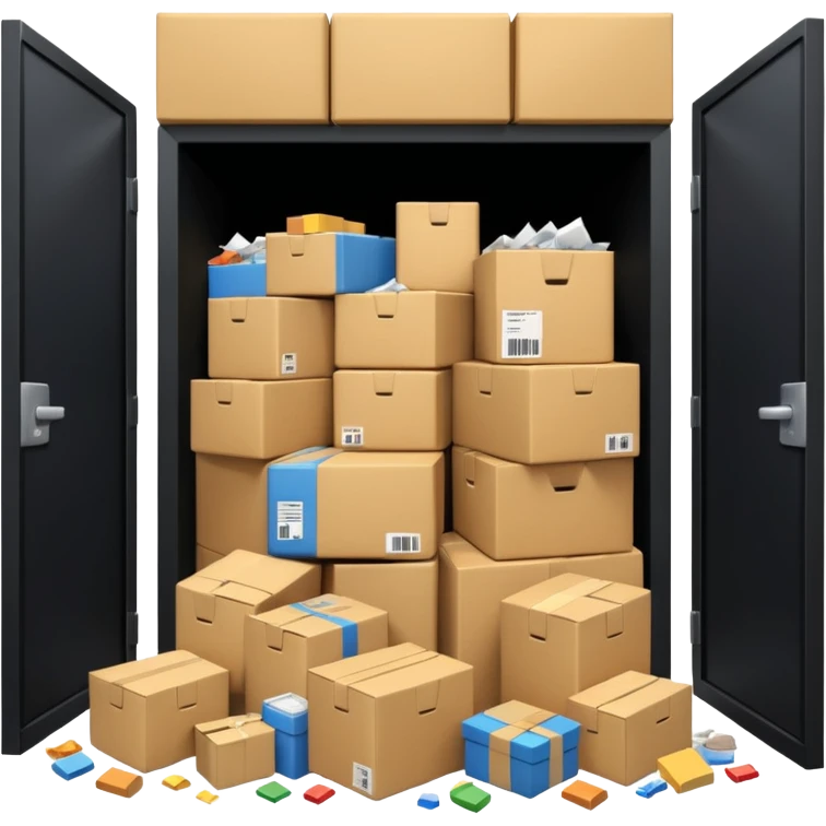 Generate a realistic emoji-style of a overfilled storage room where the packages are falling over emoji