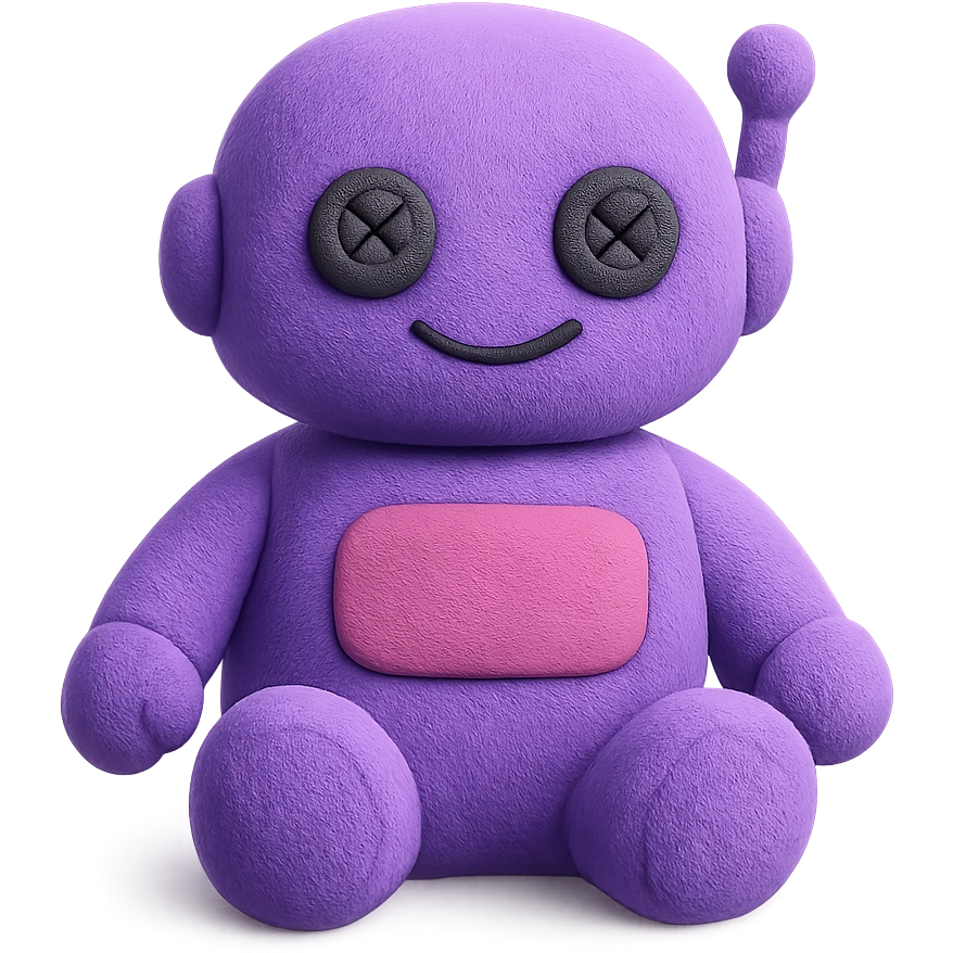 A plush robot with rounded edges, button eyes, and a friendly expression. The robot has a soft, huggable appearance with visible fabric texture. emoji