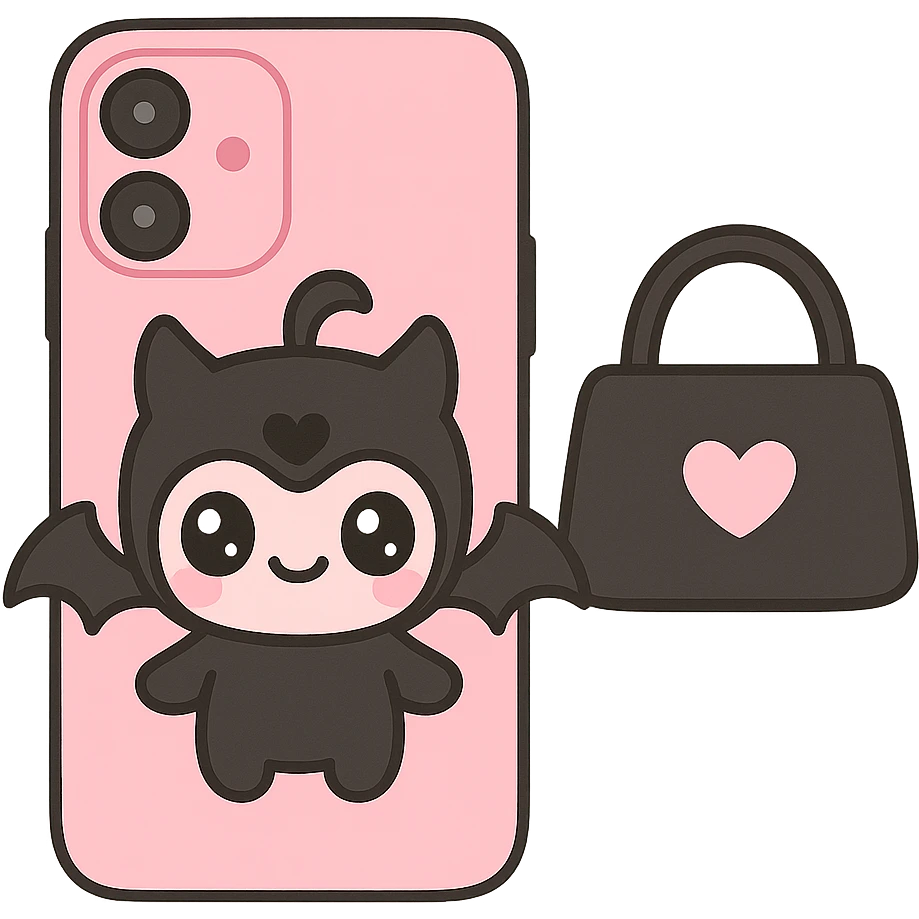 pink and black gothic phone case, kawaii style, big eyes, bat wings, smiling, cartoonish, playful, matches gothic purse emoji