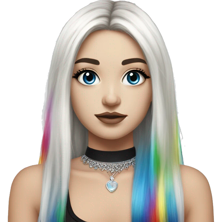 Hyperrealistic white girl with blue eyes and long black hair with rainbow fringe. Wearing cute black & silver choker necklace has dark eye makeup on her eyes emoji