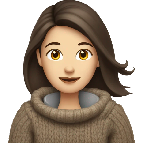 White woman with long straight dark brown hairs in a cozy sweater with a cup of tea emoji