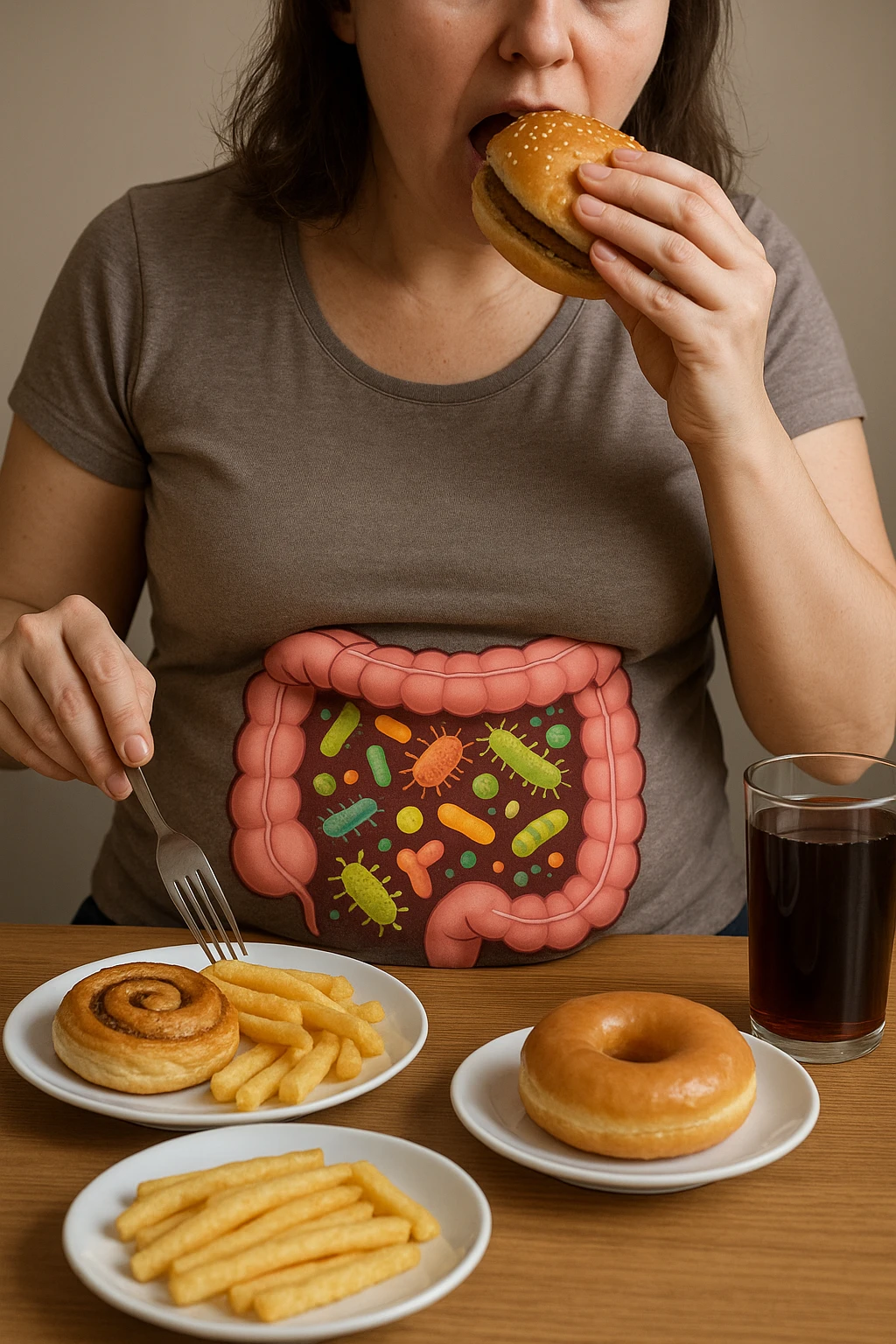 donna con batteri cattivi pieni nel suo intestino immagini realistiche mangia alimentazione ricca di glutine e zuccheri alimentando tutti i batteri cattivi emoji