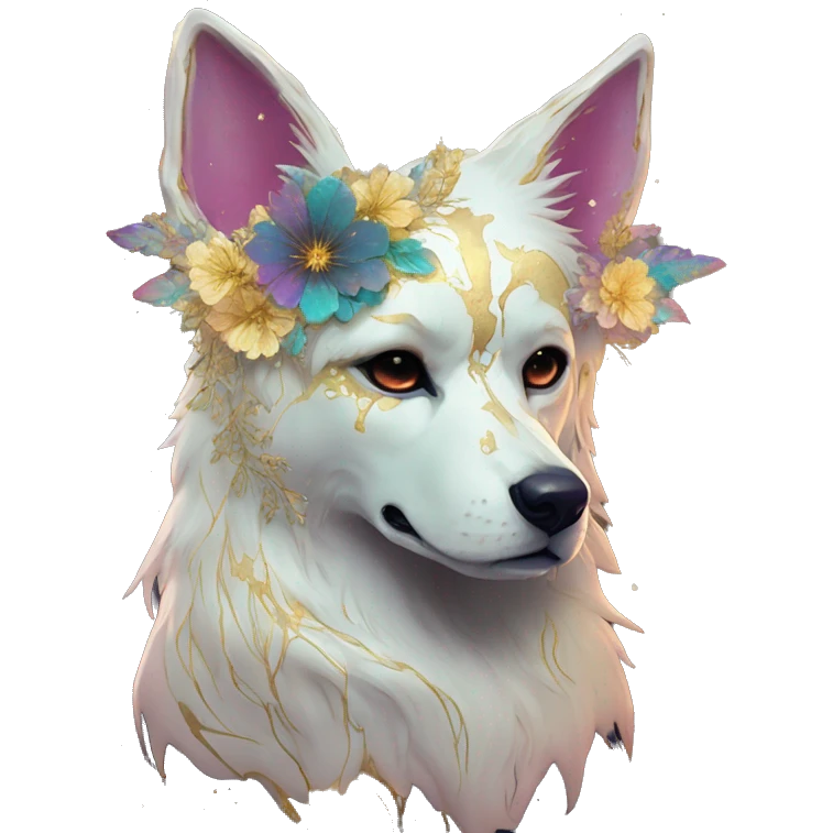 iridescent kintsugi fluffy zombie dog fox head zombie skull skeleton gold mechanical nebula galaxy stars colorful flowers fairy lights vintage zombie emoji