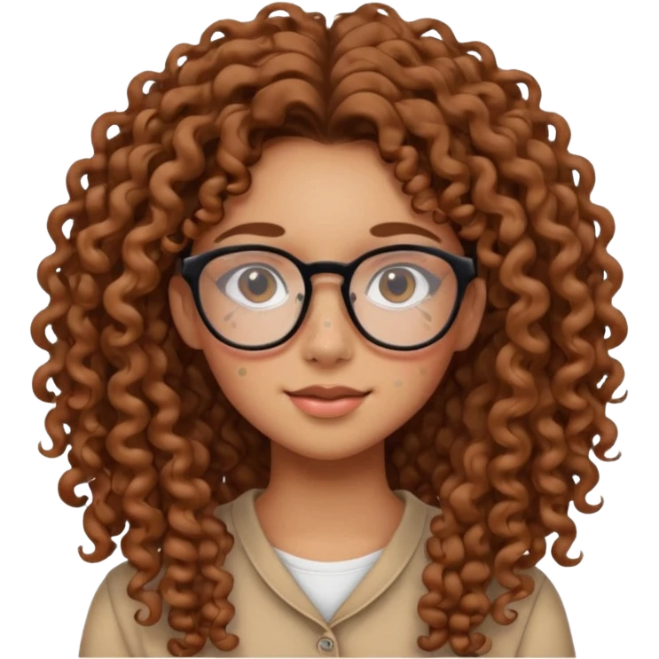 make a really curly hair, teen girl with glasses and little acne that looks like freckles longer like more than shoulder lengthcurly hair, and pretty withe makeup on giving clean girl vibes, and make her have tan skin more blush and really pretty, and the har is really really long

 emoji
