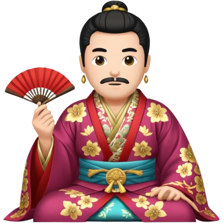 Wealthy warlord in ornate kimono, crest on chest, seated with fan in hand. emoji