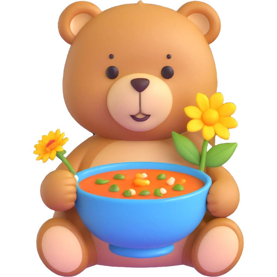 teddy bear with soup and flower emoji