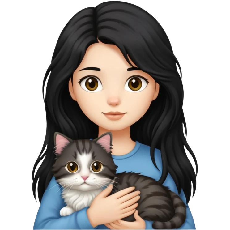 Long black hair girl holding a haired tabby cat emoji