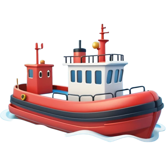 A 3D cartoon tugboat towing another boat on calm blue water, soft waves, clear sky, Memoji-style. emoji