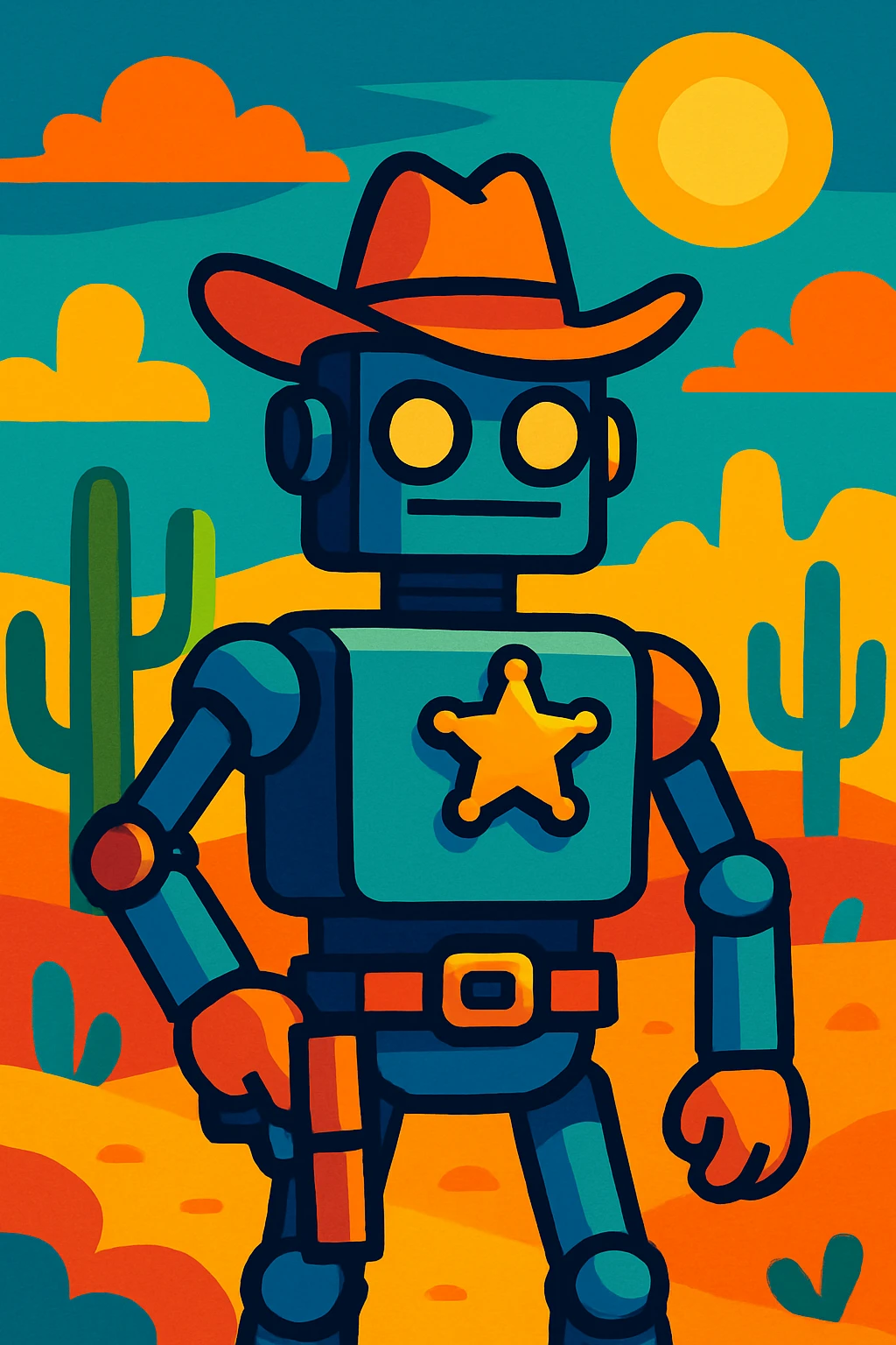 robot sheriff with glowing eyes, wearing a sheriff's hat and badge, standing in a desert, stylized illustration, vibrant colors emoji