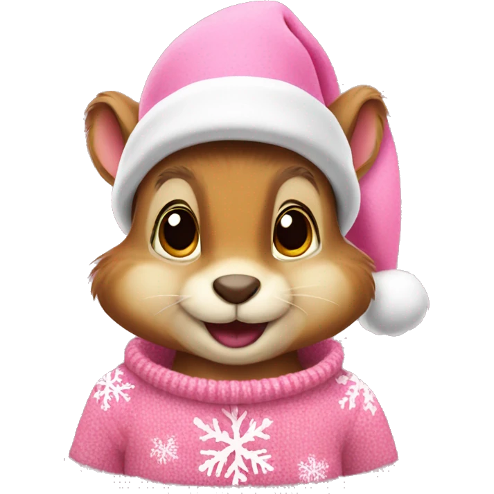 Squirrel with a pink snowflake sweater and pink Santa hat emoji