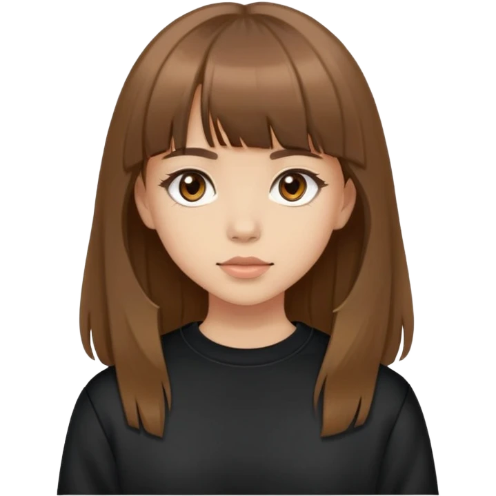 Light skinned girl with brown eyes, long brown hair with bangs, wearing a black sweatshirt emoji